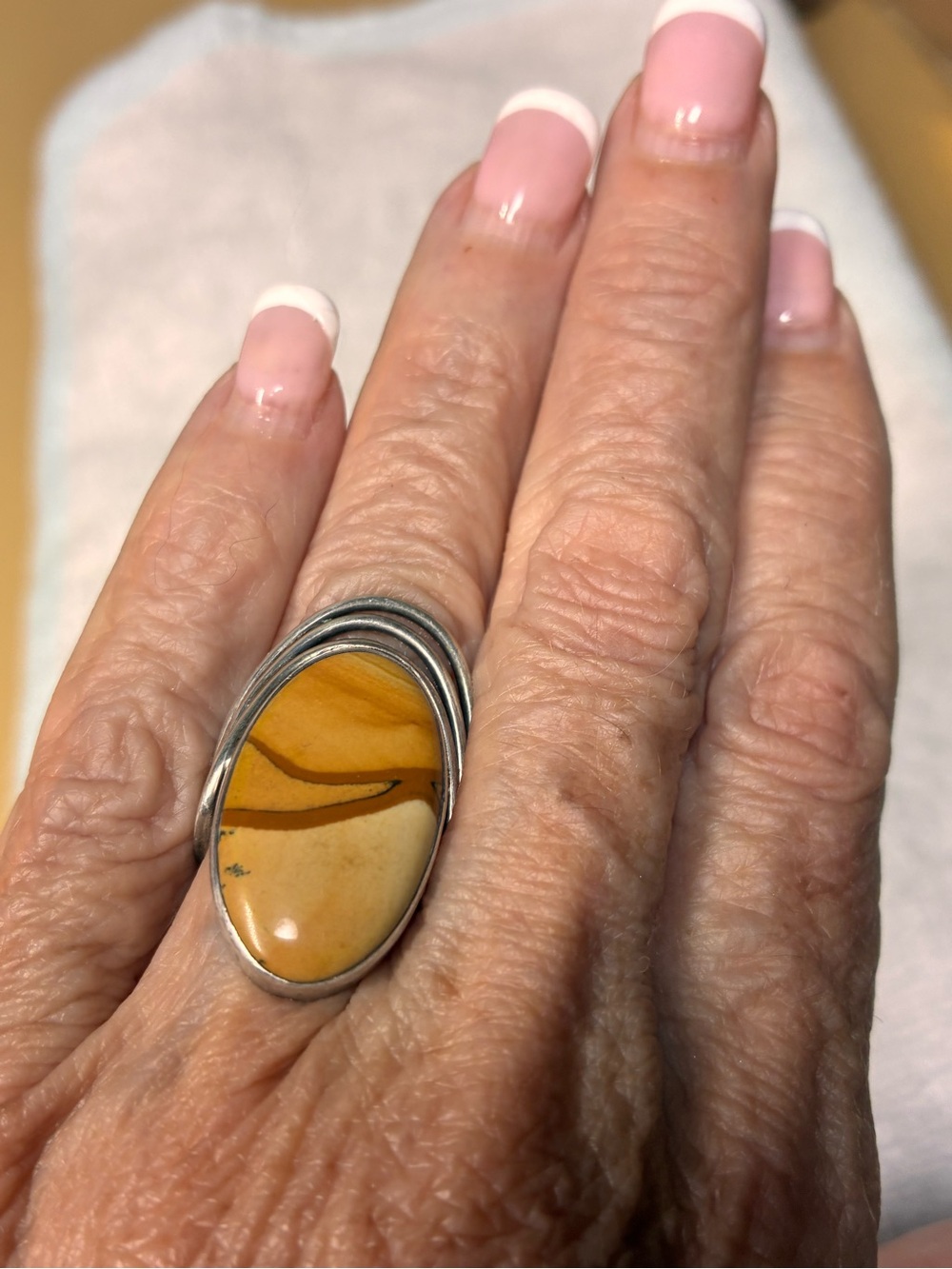 Sterling-Style Yellow Jasper Oval Statement Ring size 5-1/2